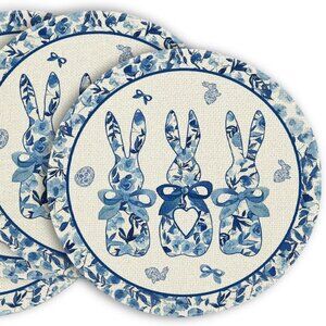 Set of 4 Round Bunny Rabbit Placemats Blue and White
